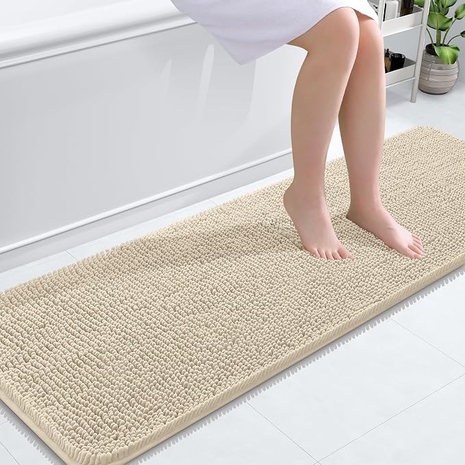 OLANLY Bathroom Runner Rugs 59x20, Extra Soft Absorbent Chenille Bath Rugs, Rubber Backing Quick Dry, Machine Washable Long Bath Mats for Bathroom Floor, Tub and Shower, Home Decor Accessories, Sand