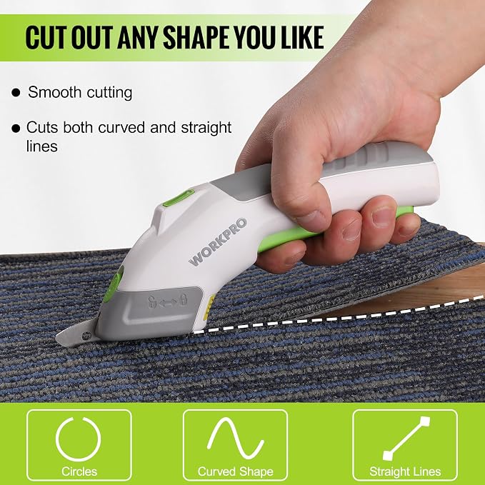 WORKPRO Cordless Electric Scissors with 2 Blades, 4V Rechargeable Powerful Shears Cutting Tool for Fabric, Leather, Carpet and Cardboard, Power Shears for Sewing, Scrapbooking, Crafting