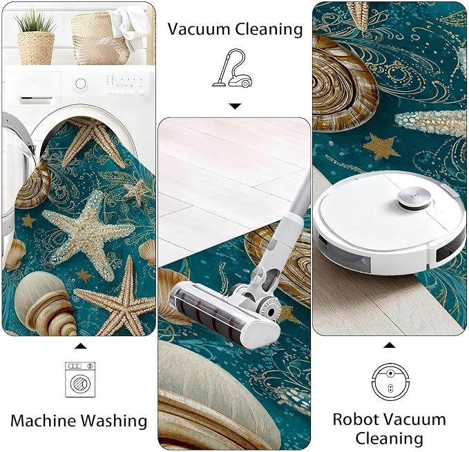 Seashell Starfish Conch Hallway Washable Runner Rug 2x7, Retro Ocean Kitchen Runner Rug Soft Non Slip Low Pile Floor Mat, Peacock Green Carpet for Entryway Corridor Laundry Bedside Rugs