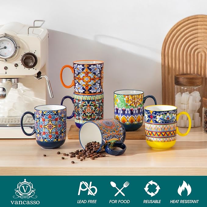 vancasso Simi Boho Coffee Mugs Set of 6, 14 oz Ceramic Mugs with Handle, Colorful Porcelain Cups Microwave Dishwasher Safe, for Latte Tea Cappuccino Cocoa Hot Chocolate