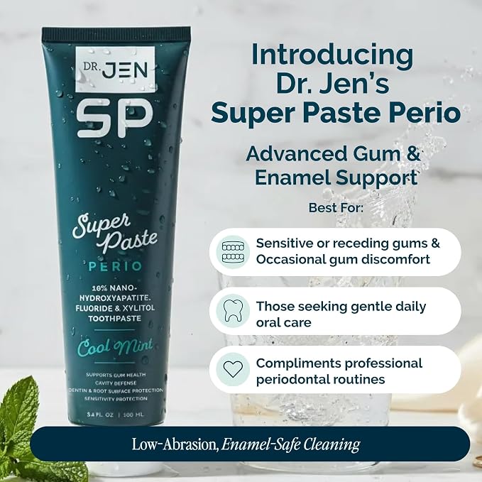 Dr. Jen Super Paste Perio Toothpaste, 10% Premium Nano Hydroxyapatite | Fluoride, Xylitol, SLS Free, Low Abrasivity, Aloe and Calendula, 1 Pack, Cool Mint