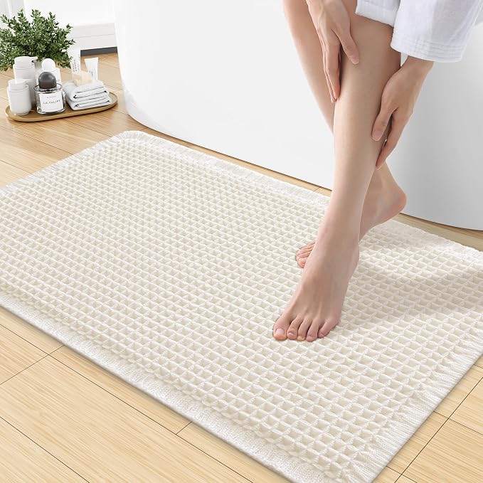 Smiry Waffle Bath Mat 30x18, Extra Soft Absorbent Bathroom Rugs, Non Slip Machine Washable Quick Dry Bath Rugs for Bathroom Floor, Tub, Shower, Home Decor Accessories, Cream