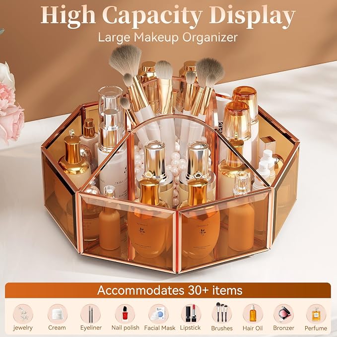 CoralHouse 360° Rotating Makeup Organizer Spinning Vanity Organizer with Makeup Brush Holder for Countertop, Bathroom Storage, Skincare, Perfume & Cosmetic Organizer for Vanity(Black)