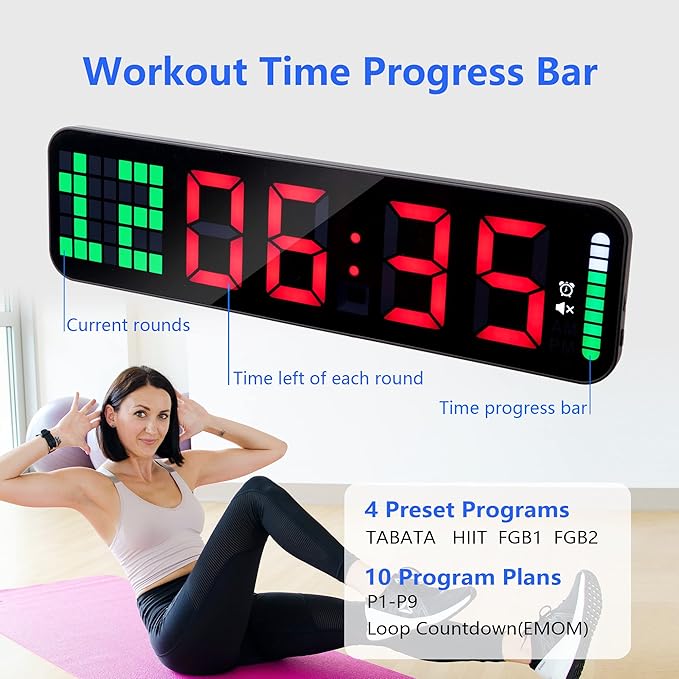 LUCORB Gym Timer - Large Digital Gym Clock Wall with Interval Time Progress Bar, Countdown/Up Stopwatch, Remote Control for Home Gym Garage Boxing Crossfit