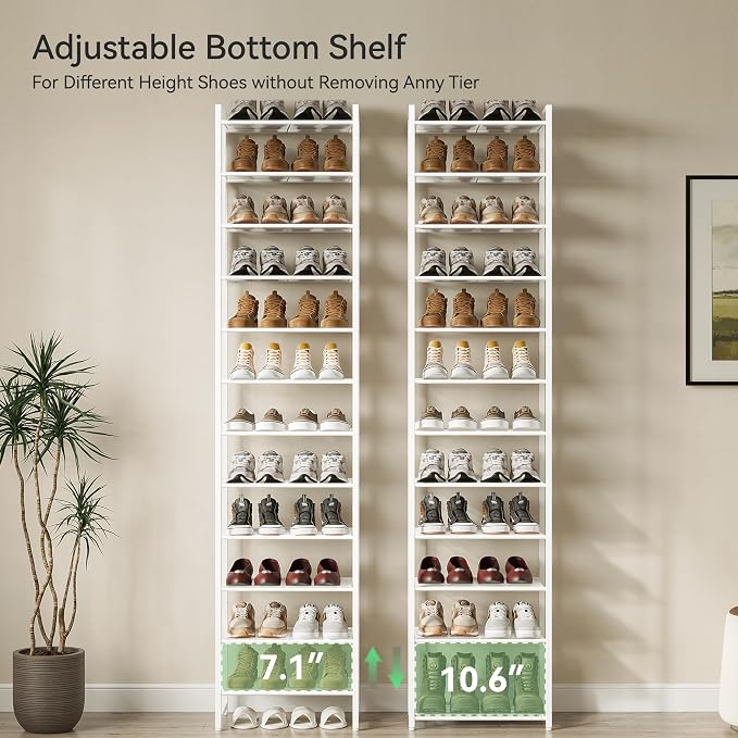 Nunsino Narrow Shoe Rack, 12-Tier Metal Shoe Organizer,Tall Shoe Shelf with Anti-Tip Strap, Max Holds 24 Pairs,Space Saving for Closet,Entryway,White