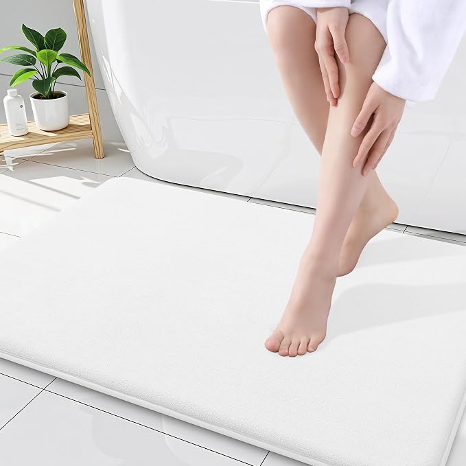 Smiry Memory Foam Bath Mat 34x21, Extra Soft and Absorbent Bathroom Mats, Non Slip Washable Carpet for Floor, Shower and Tub, White