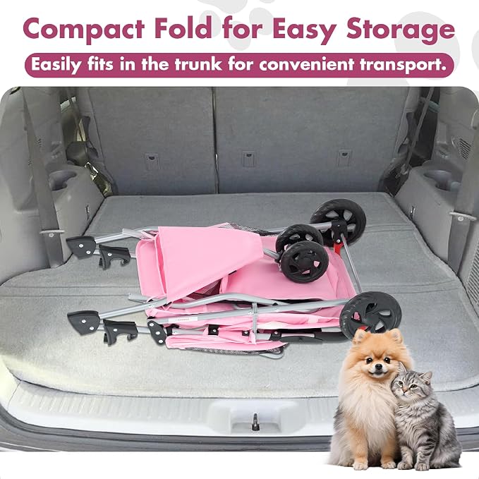 DUMOS 3 Wheels Pet Stroller for Small Dogs and Cats – Foldable Dog Stroller with Mesh Windows, Storage Basket & Cup Holder, Lightweight & Durable Pet Carrier for Travel, Outdoor Use – Pink