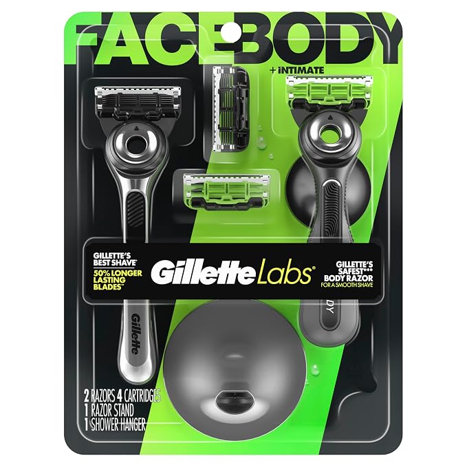 Gillette Labs Razor Duo Pack for Men, 1 Face Razor, 1 Body + Intimate Razor, 4 Razor Blade Refills (2 Face, 2 Body)