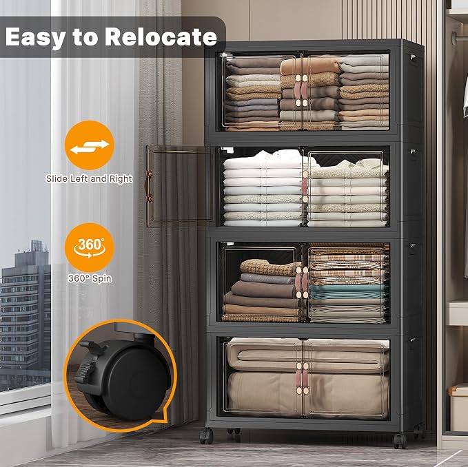 Stackable Storage Bins, 480QT Collapsible Drawers with 1 Lid | Large Capacity, Magnetic Door, Stack Lock, Rolling Wheels, Foldable Design, Organizers and Storage for Bedroom Dorm Garage