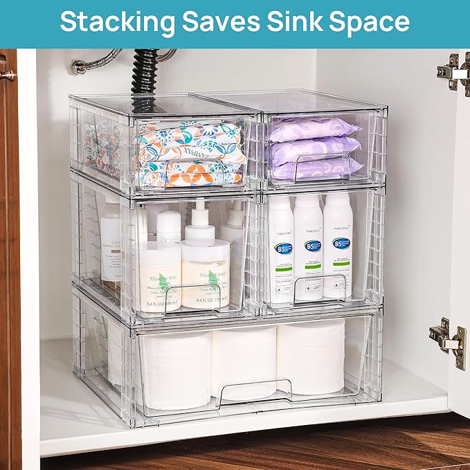Vtopmart 7 Pack Stackable Storage Drawers, Easily Assemble Clear Plastic Organizer Bins, Storage Drawer Set for Pantry and Kitchen Cabinet Organization, Bathroom or Closet Storage