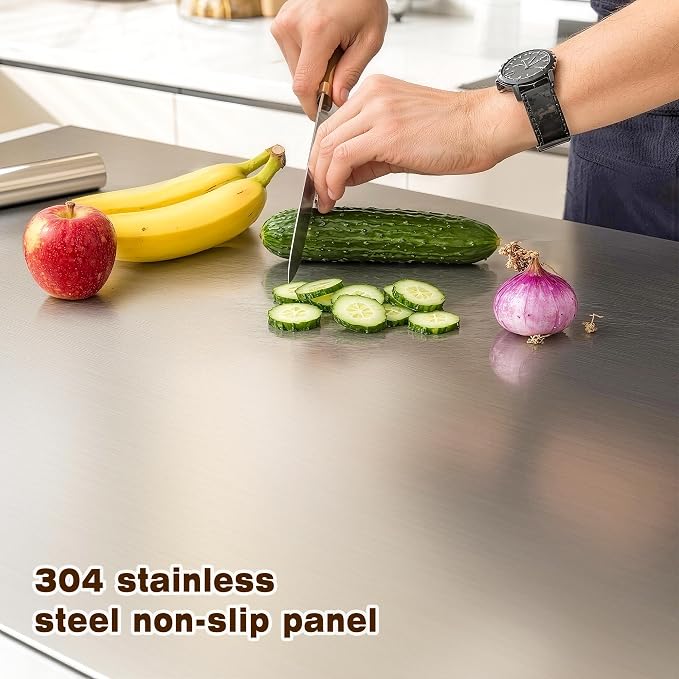 tonchean Extra Large 304 Stainless Steel Chopping Board with Lip, 35.4”x 22.8”Steel Cutting Board with Rolling Pin, Metal Noodle Board Pastry Board Kneading Dough Board for Kitchen Restaurant
