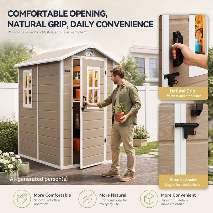 DWVO Outdoor Storage Shed 4.4×6FT, Plastic Garden Shed with 2 Windows | Resin Outdoor Tool Shed with Floor, Door Handle & Lock, Vents for Backyard Patio, Stores Bike Garden Tools, Beige