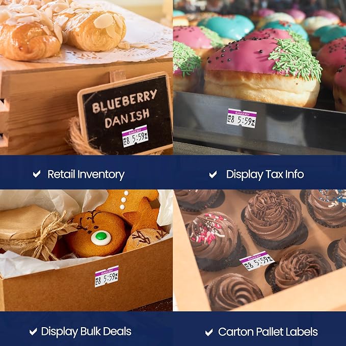 Perco 1 Line Purple Reverse Print on White Bakery Labels — 32,000 Labels for Perco Lite, X, Plus & Pro Guns—with Tamper-Proof Design for Marking Breads, Pastries, Cakes—32 Rolls, 4 Sleeves—Made in USA