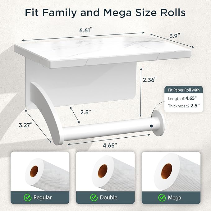 FORIOUS Toilet Paper Holder with Phone Shelf, Natural Marble Wall Mount Tissue Roll Holder for Bathroom, Washroom, 304 Stainless Steel Commercial Toilet Tissue Dispensers with Shelf, White