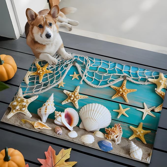 Entryway Rug 2 x 3 Ft, Beach Starfish Indoor Floor Mat for Hallway/Kitchen, Ocean Conch Fishing Net Blue Wood Grain Non Slip Low Pile Bathroom Rugs for Office/Living Room/Home Decor, Small