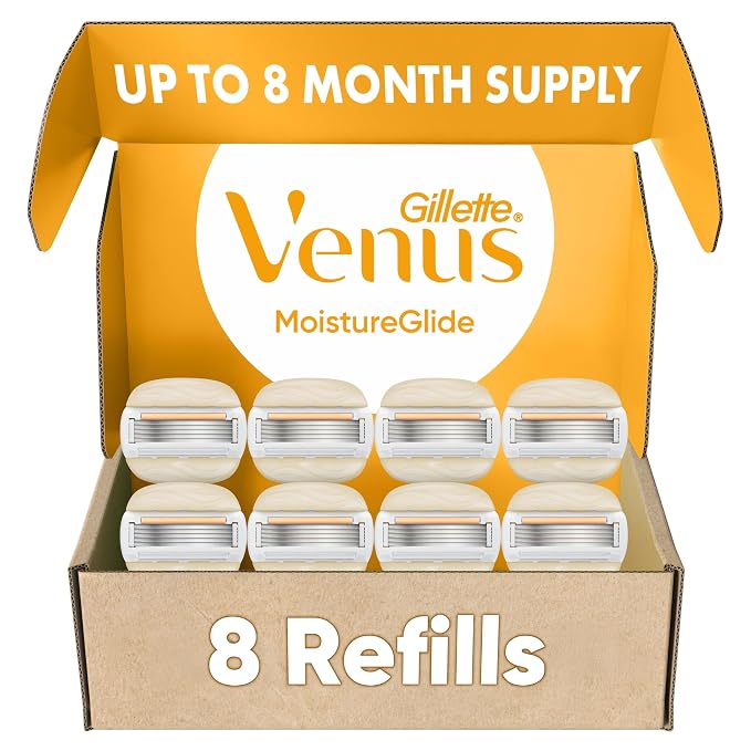 Gillette Venus Moistureglide Women's Razor Refills, 8 Refill Cartridges, Fits Venus Reusable Razor Handles, 5-Bladed Razor Blades with Built-in Shave Gel Bars, Women's Razor