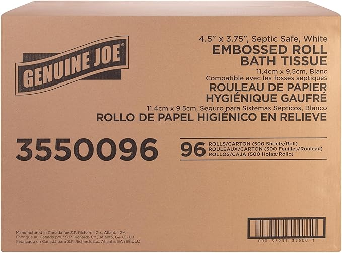 Genuine Joe Embossed Bath Tissue, 2-Ply, Septic Safe, Individually Wrapped, 4.5" x 3.75", 500 Sheets/Roll, 96 Count