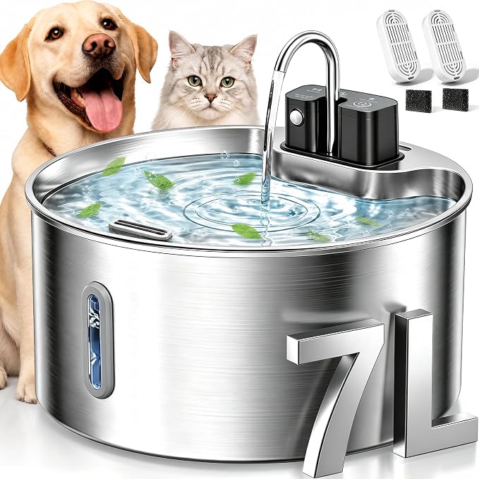 Selene Dog Water Fountain, 7L Stainless Steel Dog Water Fountain with Visual Water Level, Super Quiet Dog Water Bowl, 5-Stage Filtration Pet Water Dispenser, Easy to Clean (7L)