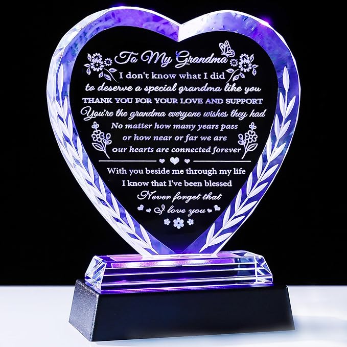 YWHL Gifts for Grandma from Granddaughter Grandkids, Great Grandma Birthday Gifts with Colorful Light Base, Crystal Keepsake Gift Ideas for Grandmother on Christmas Mother's Day