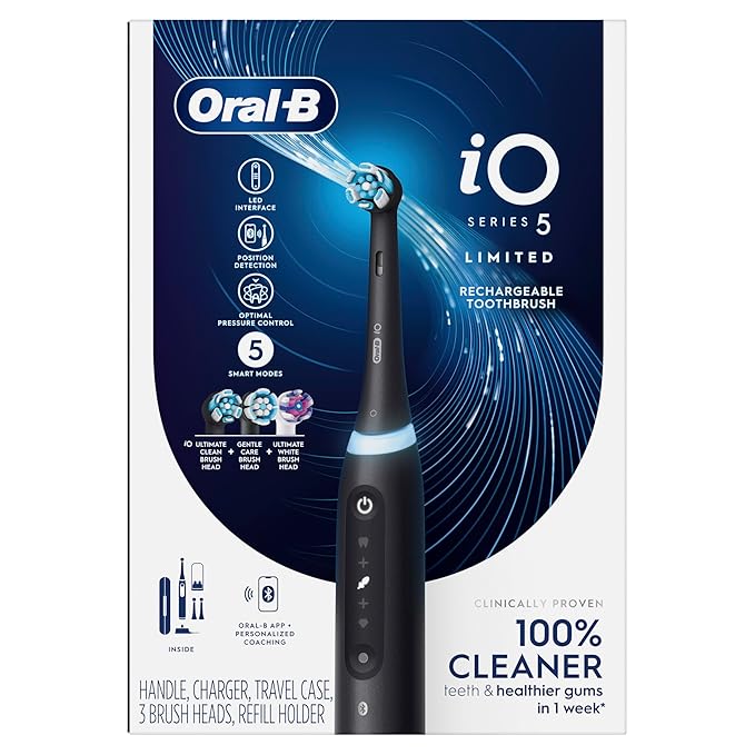 Oral-B Rechargeable Electric Toothbrush, iO5 Limited Deep Clean & Whiten, 5 Cleaning Modes, Visual Pressure Sensor to Protect Gums, Travel Case, 3 Brush Heads, Black