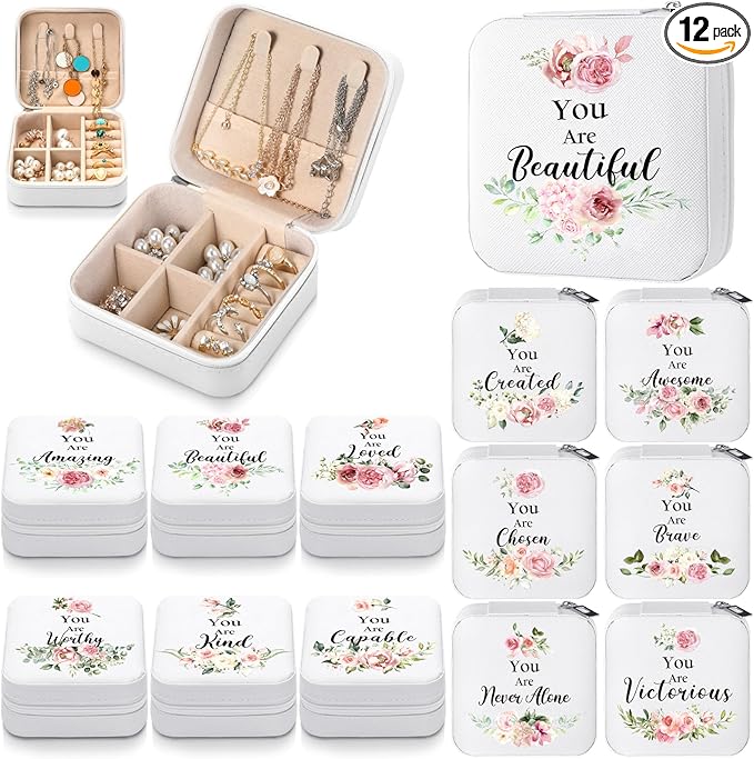 Kacctyen 12 Pcs Mini Travel Jewelry Case Bulk You Are Amazing Loved Mother's Day Church Gifts Bulk Pink Rose Party Gift for Secretary Day Girls Leather Travel Jewelry Case