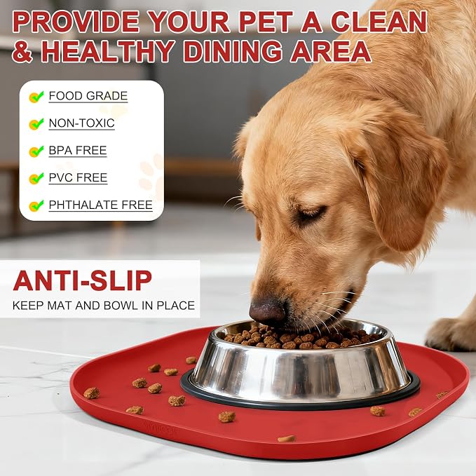 SMILOOL Waterproof Silicone Pet Food Mat with Raised Edge for Dog & Cat | 12" x 12" Non-Slip Small Pet Feeding Mats with Lip for Food & Water Bowl, Food Grade, Easy Cleaning, Red