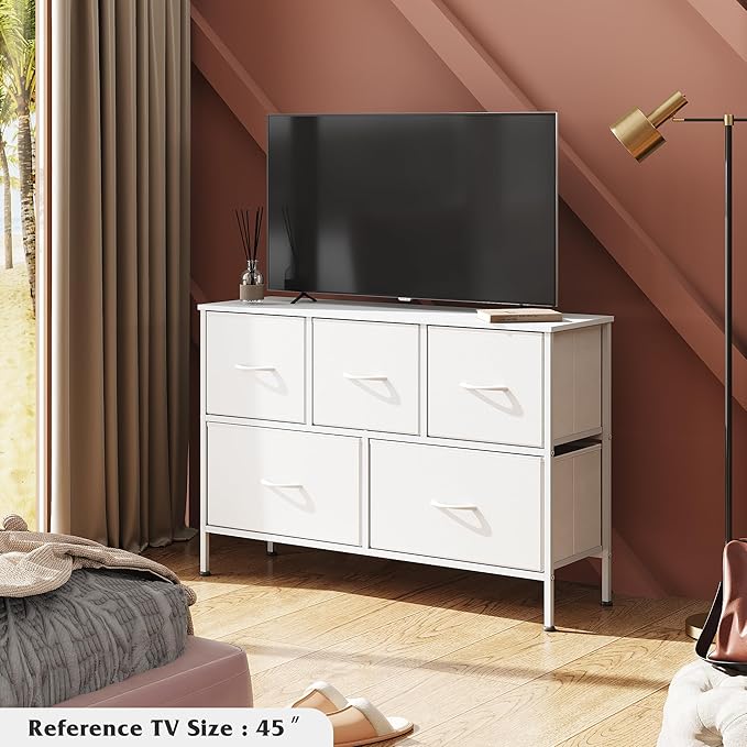 WLIVE 5 Drawer Dresser for Bedroom, Wide Chest of Drawers, White | 5 roomy fabric drawers, Wide low-profile design, Bedroom or closet use, Sturdy steel frame, Smooth wood tabletop
