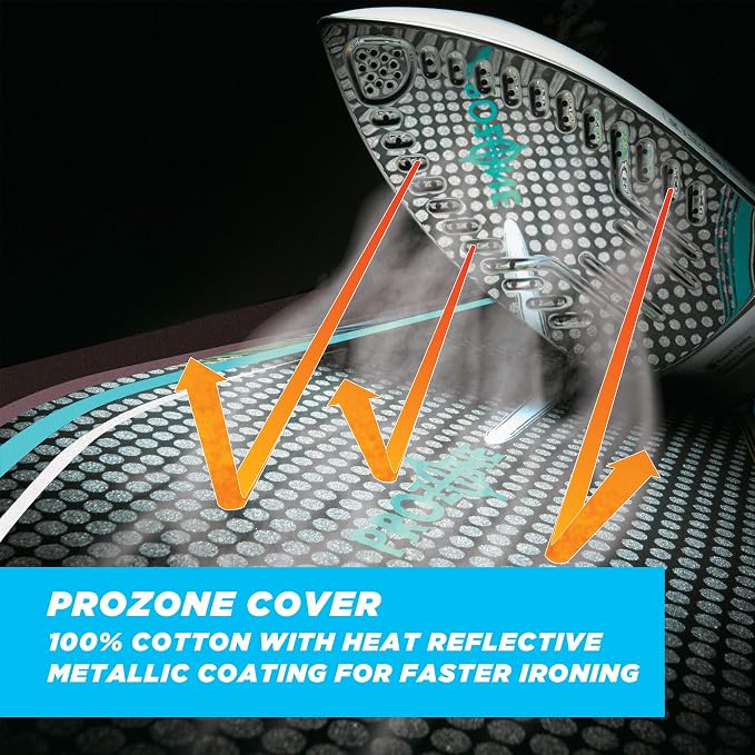 Minky Ergo Prozone Ironing Board | Made in UK | Dual Iron Rest, Heat Reflective Cover, Thick Felt Underlay - Freestanding Ironing Board with Large 48" x 15" Ironing Surface (Gunmetal and Blue)