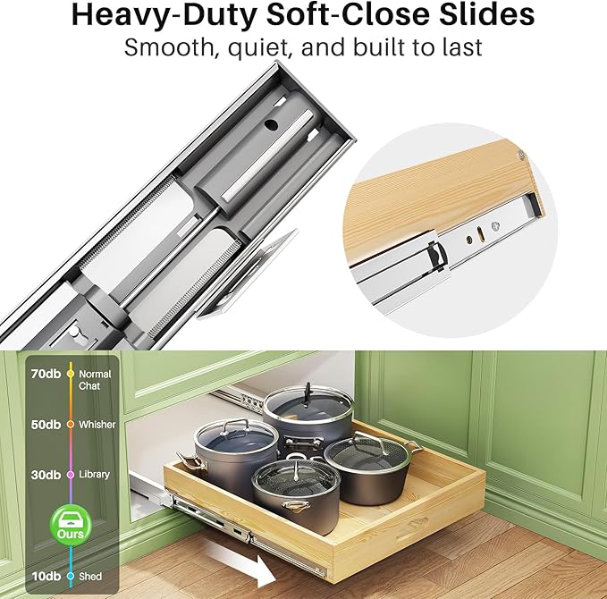 Pull Out Cabinet Organizer, Soft Close Wooden Slide Out Drawers for Pots and Pans, Full-extension Roll Out Shelves for Kitchen Cabinets, Pantry Organization, Bottom & Side Mount(15"W X 21"D x 3.4''H)