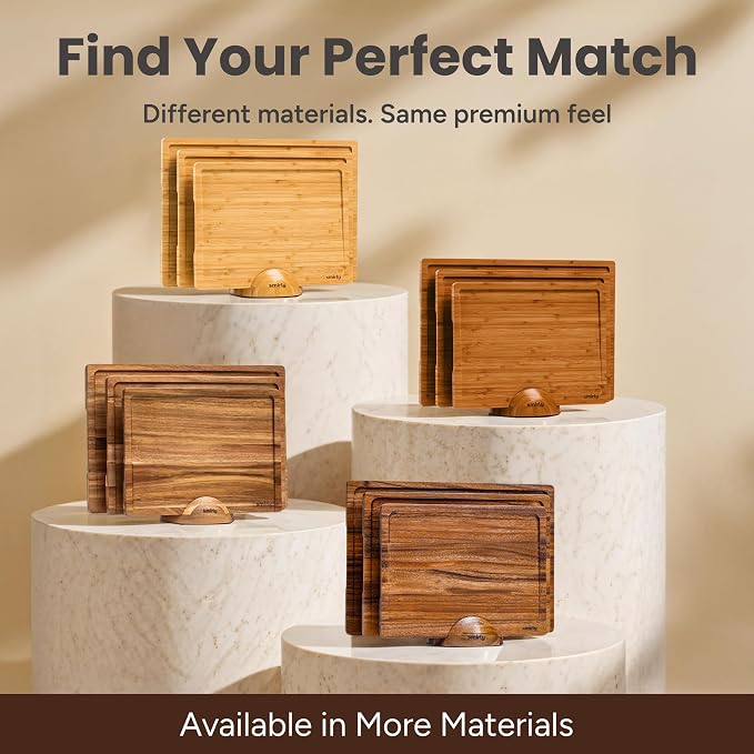 SMIRLY Cutting Board for Kitchen, 3 Pcs Rubberwood Cutting Board with Stand | Non Toxic Checkered Cutting Board with Juice Grooves and Handles, Multiple Sizes Wood Chopping Boards for Meal Prep