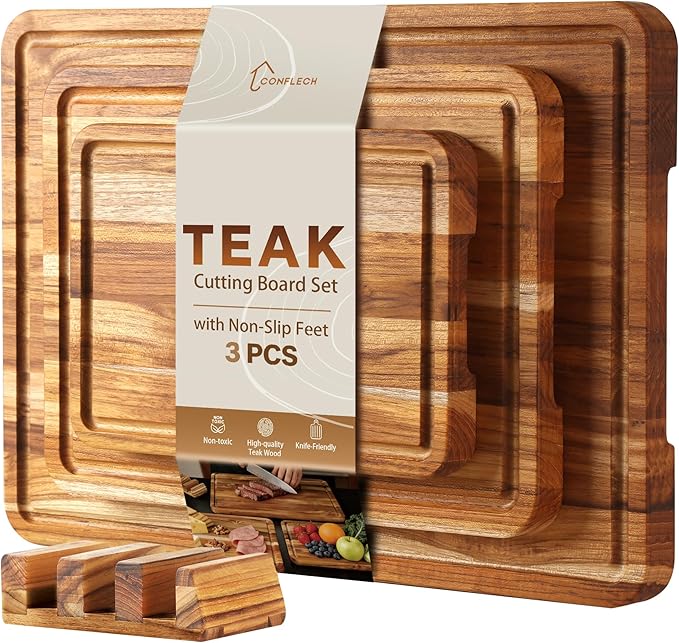 3 Pack Teak Cutting Board Set for Kitchen Wood Charcuterie Board with Juice Groove Wooden Cutting Boards Non Toxic Heavy Duty Slip Over Sink Solid Thick Chopping Board FSC