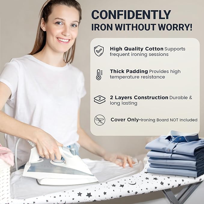 UniSimp Ironing Board Cover and Pad 15"x54" Extra Thick Natural Cotton, Scorch and Stain Resistant Padding, Standard Size Iron Board Cover with Fasteners Heavy Duty Elastic Edge, Heatproof Nightfall
