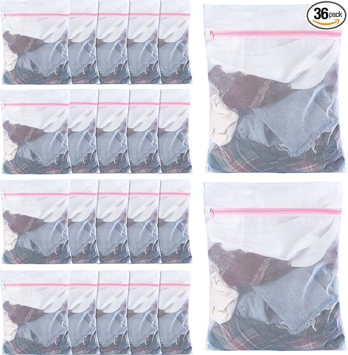Nuenen 36 Pieces Mesh Laundry Bags Fine Mesh Wash Bags with Zipper Machine Washable Lingerie Bags for Washing Delicates Clothes Garment Underwear Blouse Hosiery Socks Travel, 16 x 20 Inches (Pink)