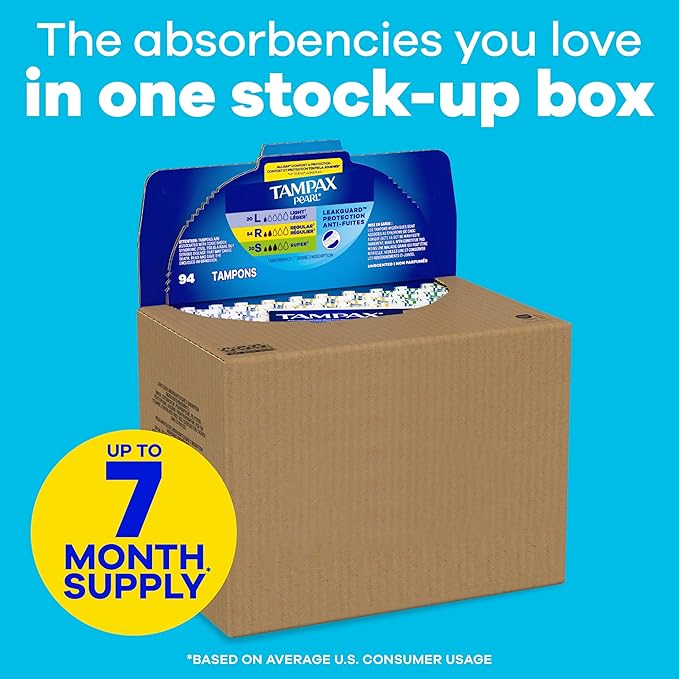 Tampax Pearl Tampons for Women Multipack, with LeakGuard Braid, Light/Regular/Super Absorbency, Unscented, 94 Count (2 Packs of 47) (Packaging May Vary)