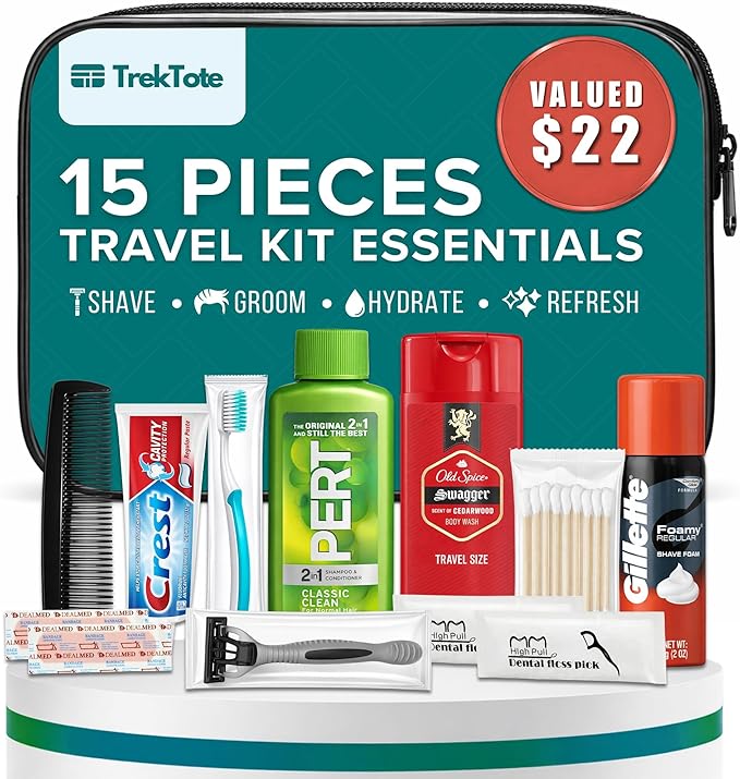 Men’s 15 Piece Hygiene Kit, Travel Size Toiletries Set with Clear Toiletry Bag, Carry On Essentials for Flights, Gym, Overnight Travel, Emergency Kit