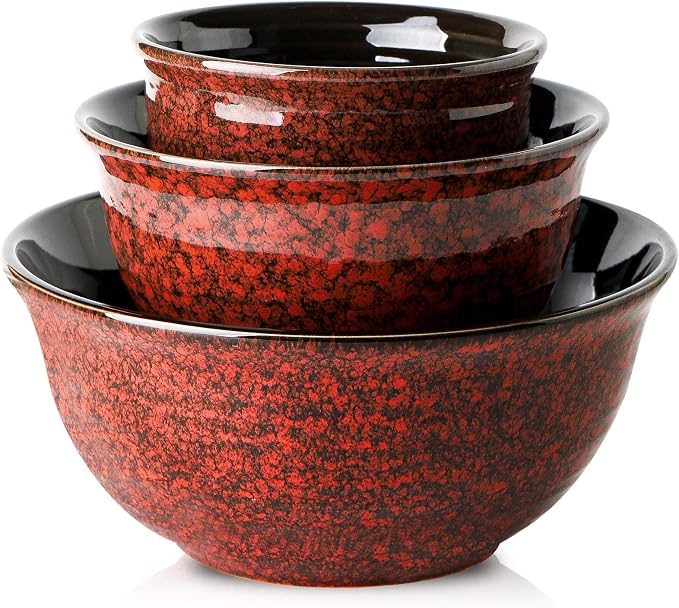 HASENSE Ceramic Mixing Bowls, Large Serving Dishes Set of 3 for Cooking, Baking, Prepping, Porcelain Nesting Bowls for Salads, Fruit, Popcorn, Cereal, 2.1/1.0/0.5 Qt, Dishwasher & Microwave Safe, Red
