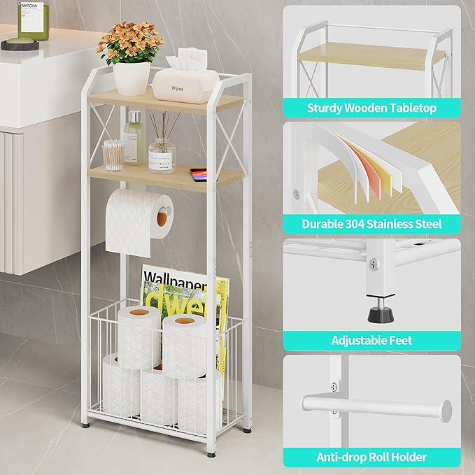 HapiRm Freestanding Toilet Paper Holder - 4-Tier Bathroom Tissue Organizer with Wood Shelves and Large Basket, Toilet Paper Holder Stand for Bathroom, Laundry Room, Apartment - White（Large）
