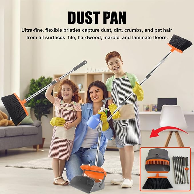 DUST PAN Adjustable Handle Length 90–125cm Broom and 80–110cm Dustpan – Durable PP+PET+Stainless Steel Build – Black & Green Color – Home, Office, Kitchen & Easy Floor Cleaning