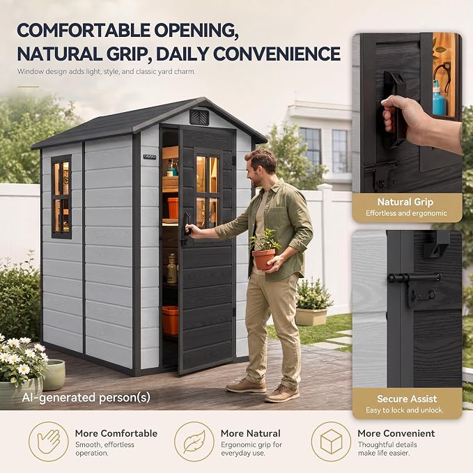 DWVO Outdoor Storage Shed 4.4×6FT, Plastic Garden Shed with 2 Windows | Resin Outdoor Tool Shed with Floor, Door Handle & Lock, Vents for Backyard Patio, Stores Bike Garden Tools, Gray & Black
