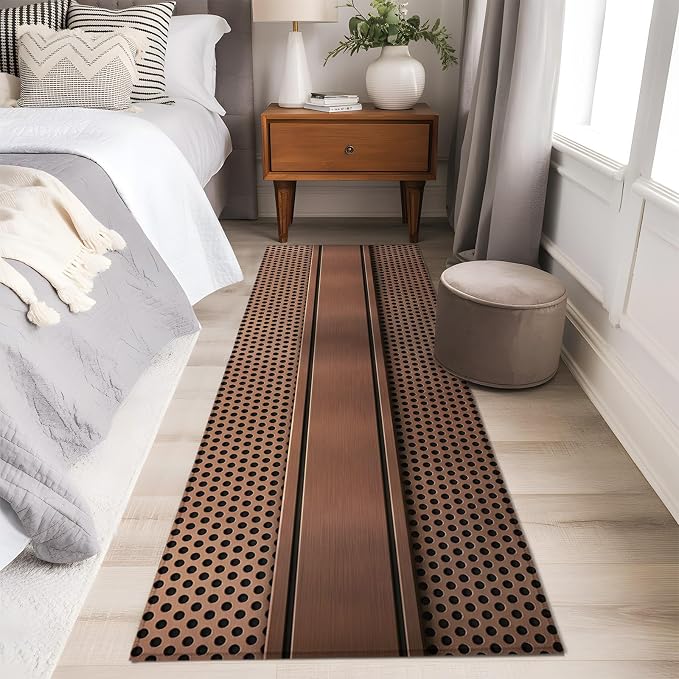 Kitchen Runner Rug 2 x 6 Ft, Brown Metal Hole Laundry Room Rugs Indoor Non Slip Washable, Copper Net Eye Hole Pattern Decorative Carpet Long Mat for Sink/Hallway/Living Room
