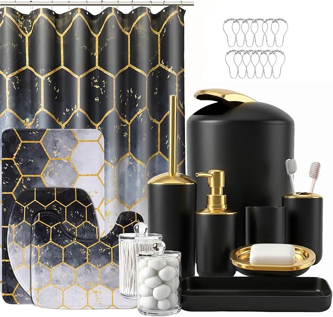 BSSN 25 Pieces Black and Gold Bathroom Accessories Set with Shower Curtain and Rugs, Trash Can, Toilet Brush, Soap Dispenser, Toothbrush Holder, Qtip Jars, Tray and Tumbler, Complete Bath Decor Set