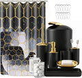 BSSN 25 Pieces Black and Gold Bathroom Accessories Set with Shower Curtain and Rugs, Trash Can, Toilet Brush, Soap Dispenser, Toothbrush Holder, Qtip Jars, Tray and Tumbler, Complete Bath Decor Set