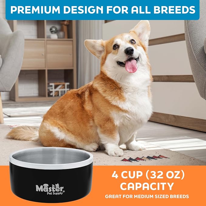 Master Pet Supply Stainless Steel Dog Bowls - 32 oz, Heavy Duty - Black Velvet, Double Wall Extra-Thick Insulated, Non-Slip Pet Water Bowl for Dogs, Cats & Pets, Anti Rust Metal, Dish Washer Safe