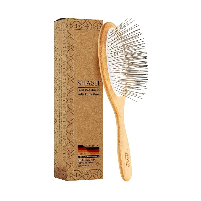 Since 1869 Hand Made In Germany - SHASH Oval Pet Brush With Long Metal Pins With Rubber Cushion - Helps Detangle Knots, Eliminate Frizz, Reduce Pulling & Snagging