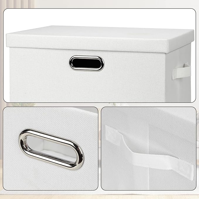 Graciadeco Large 17" 36 Quart Collapsible Stackable Storage Bins with Lids, 1 Pack White Foldable Fabric Closet Storage Boxes with Lids, 4 Handles Heavy-duty Linen Cube Baskets for Bedroom
