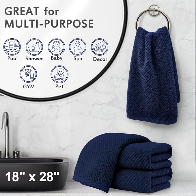 VOOVA & MOVAS Hand Towels 4PC, 100% Cotton, 18x28 in, Navy Blue | Thick, Quick Dry, Soft, Absorbent, Towel Gift Set, Great For Birthday, Housewarming, Holiday Gift