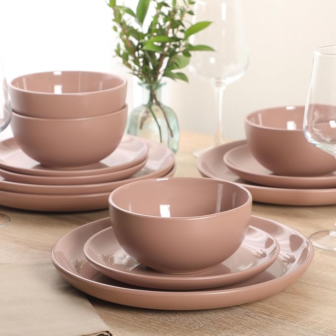 Gibson Home Rockaway 12 Piece Plates and Bowls Matte Outside/Shiny Inside Glaze Service for 4 Dinnerware Set - Pink - Dishwasher and Microwave Safe