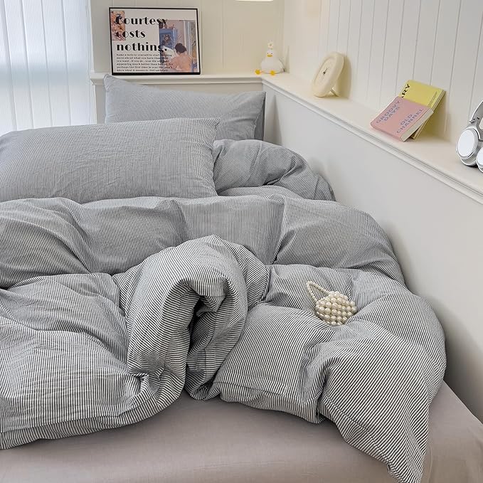 mixinni Grey Striped Duvet Cover Twin Size - 100% Washed Cotton Pinstripe Comforter Cover with Zipper Closure, Lightweight & Breathable, 3 Pieces Minimalist Stripes Pattern Printed Bedding Set
