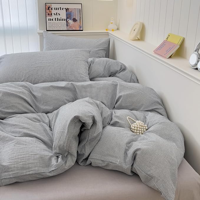 mixinni Grey Striped Duvet Cover Queen Size - 100% Washed Cotton Pinstripe Comforter Cover with Zipper Closure, Lightweight & Breathable, 3 Pieces Minimalist Stripes Pattern Printed Bedding Set
