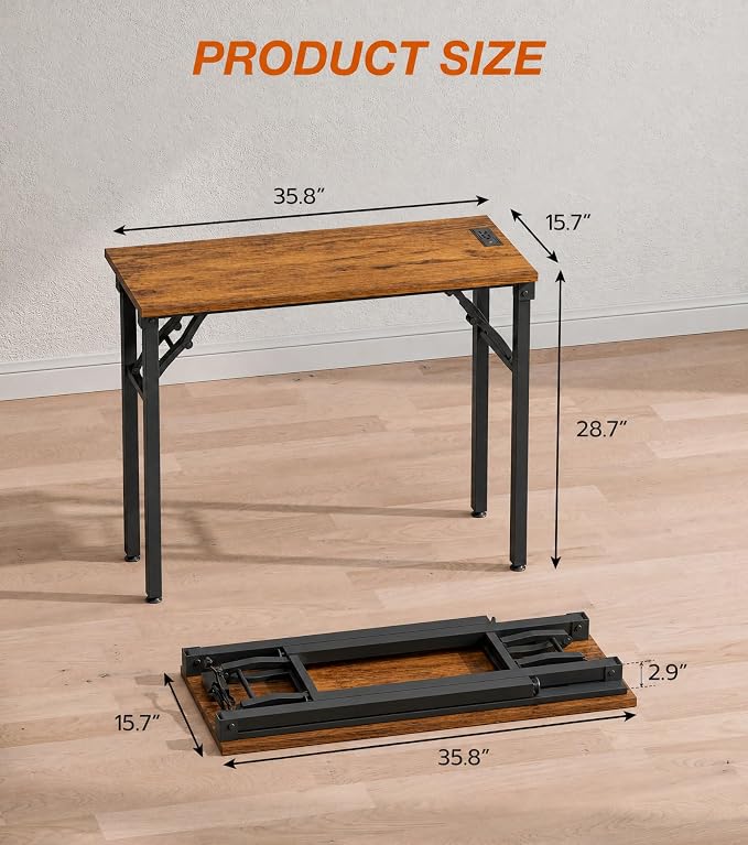 XBurmo Small Folding Desk Folding Table, No Assembly Foldable Desk Gaming Desk, 35.8-Inch Computer Table Workstation with 2 AC Outlets and 2 USB Ports for Bedroom and Home Office, Rustic Brown